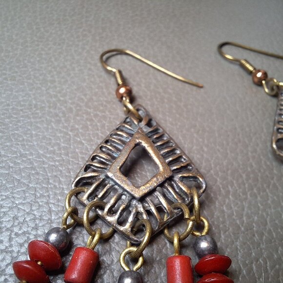 Bohemian Style Dangle Earrings Red Beads Bronze Leaf Charms Tribal - Picture 3 of 6